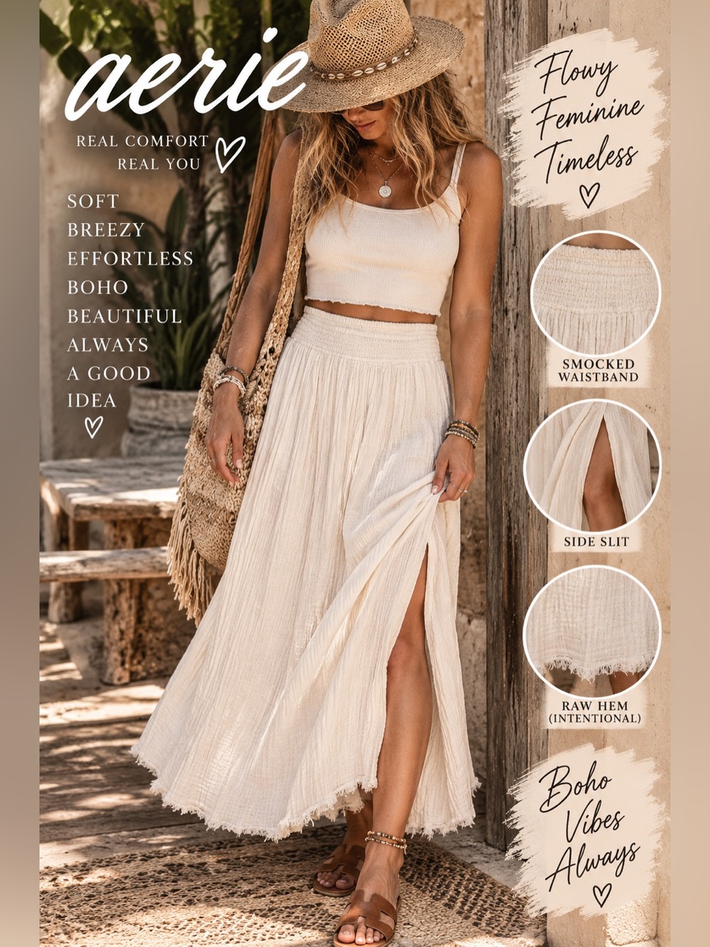 Aerie Cream Gauze Midi Skirt Small Boho Raw Hem Side Slit Smocked Waist